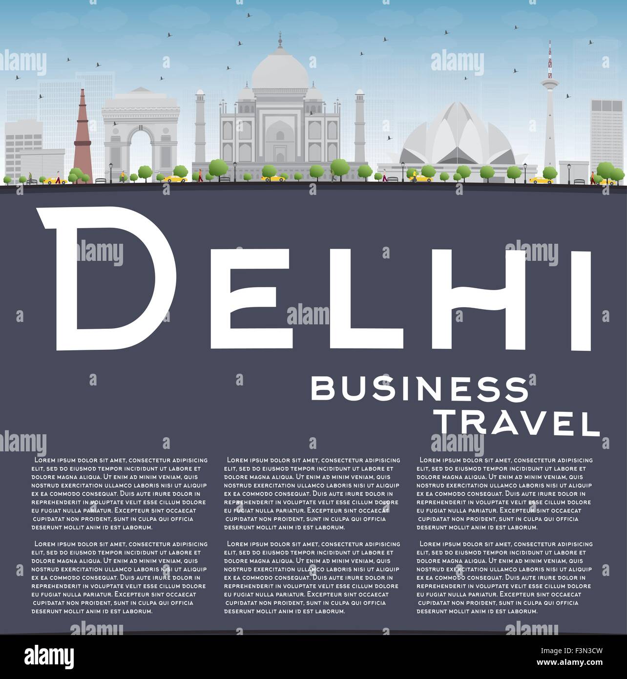 Delhi skyline con punti di riferimento di colore grigio, blu cielo e spazio copia. business viaggi e turismo concetto con posto per il testo. Illustrazione Vettoriale