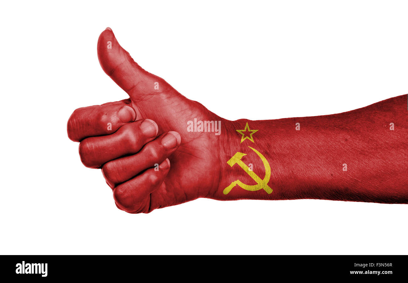 Vecchia donna con artrite dando il pollice in alto segno, URSS Foto Stock