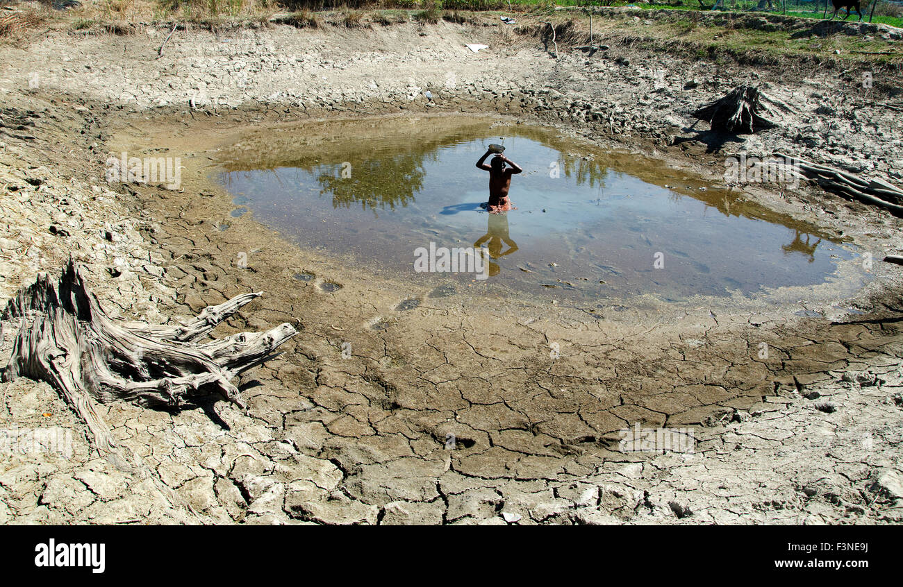 La balneazione - Dopo il ciclone Aila nel Bengala occidentale, India lo stagno è secco e gli alberi sono anche la situazione di morte. Un ragazzo del villaggio la balneazione. Foto Stock