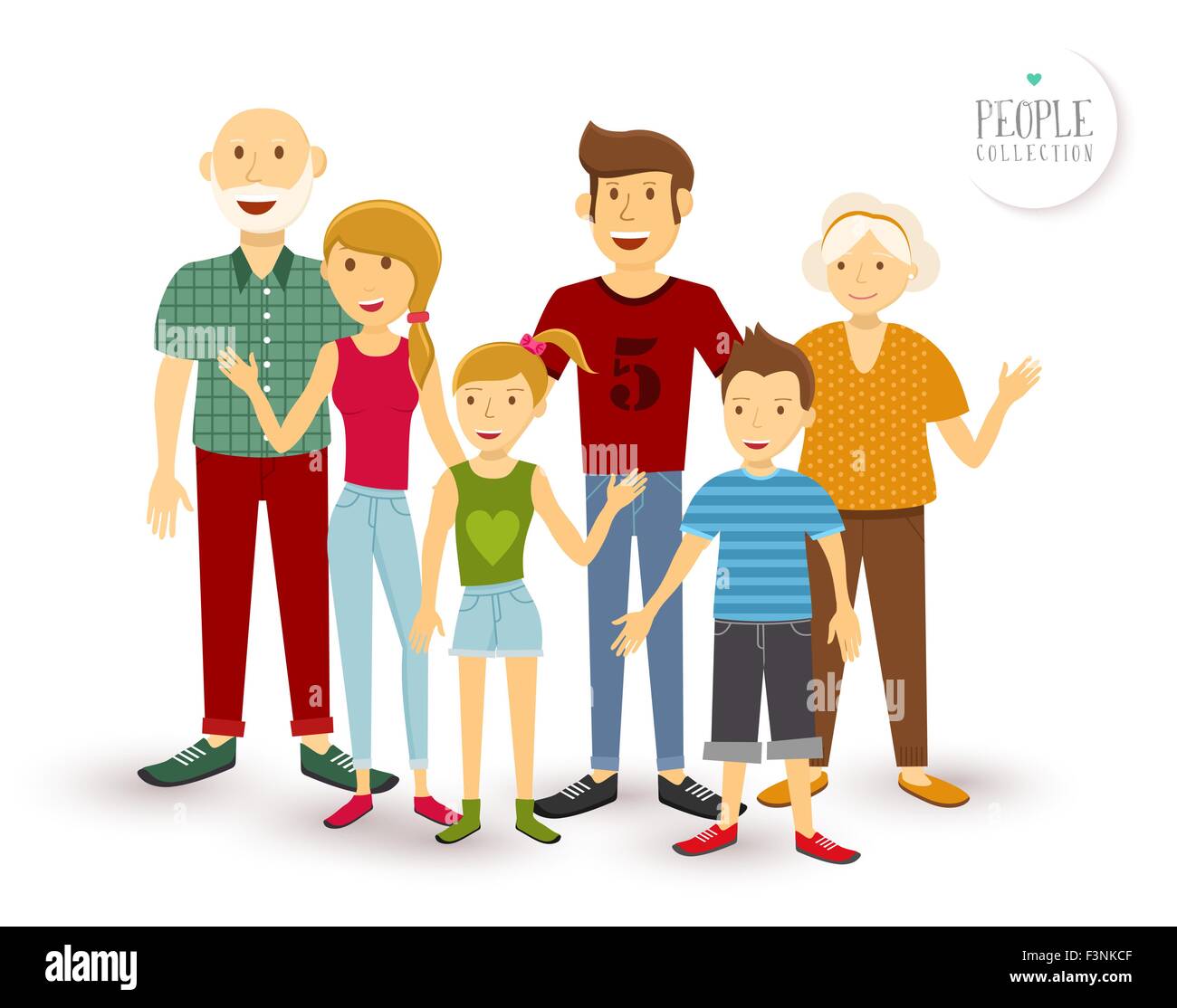 Persone collezione: Happy Family la generazione di gruppo con il papà, mamma, i bambini e i nonni in uno stile piatto illustrazione. EPS10 vecto Illustrazione Vettoriale