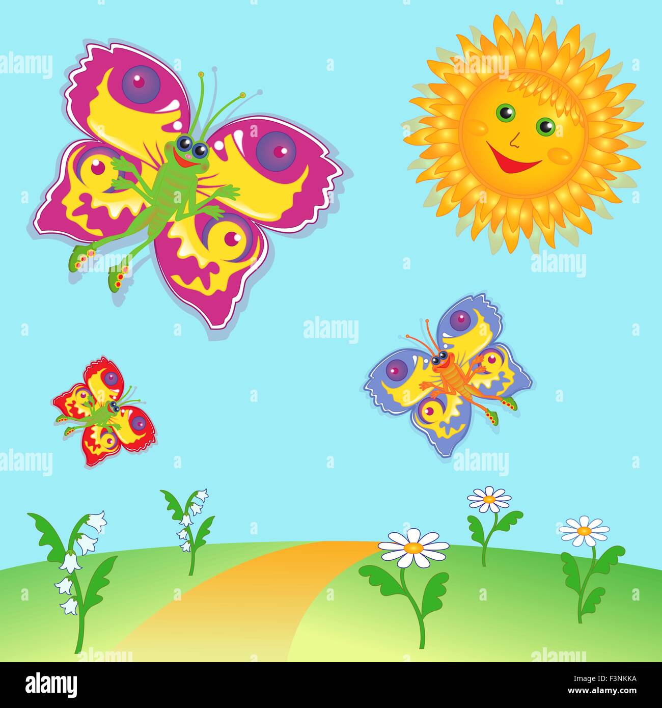 Coloratissimo cartoon fairy farfalle volare vicino a Sun su prato. Disegno a mano illustrazione vettoriale Illustrazione Vettoriale
