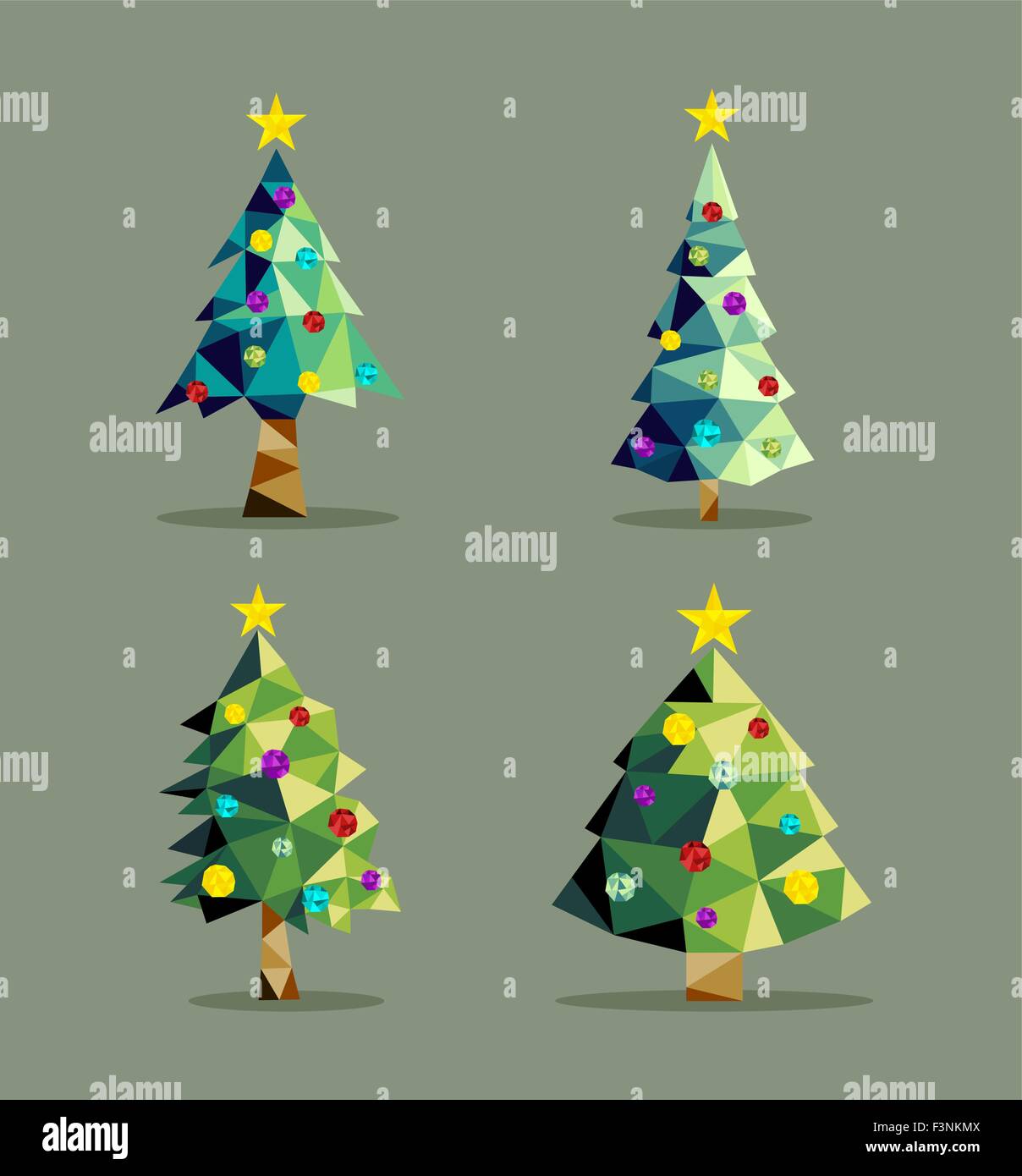 Set di Natale Gli alberi di pino in bassa poli triangolo stile origami con il Natale ornamenti e stella sulla parte superiore. EPS10 vettore. Illustrazione Vettoriale