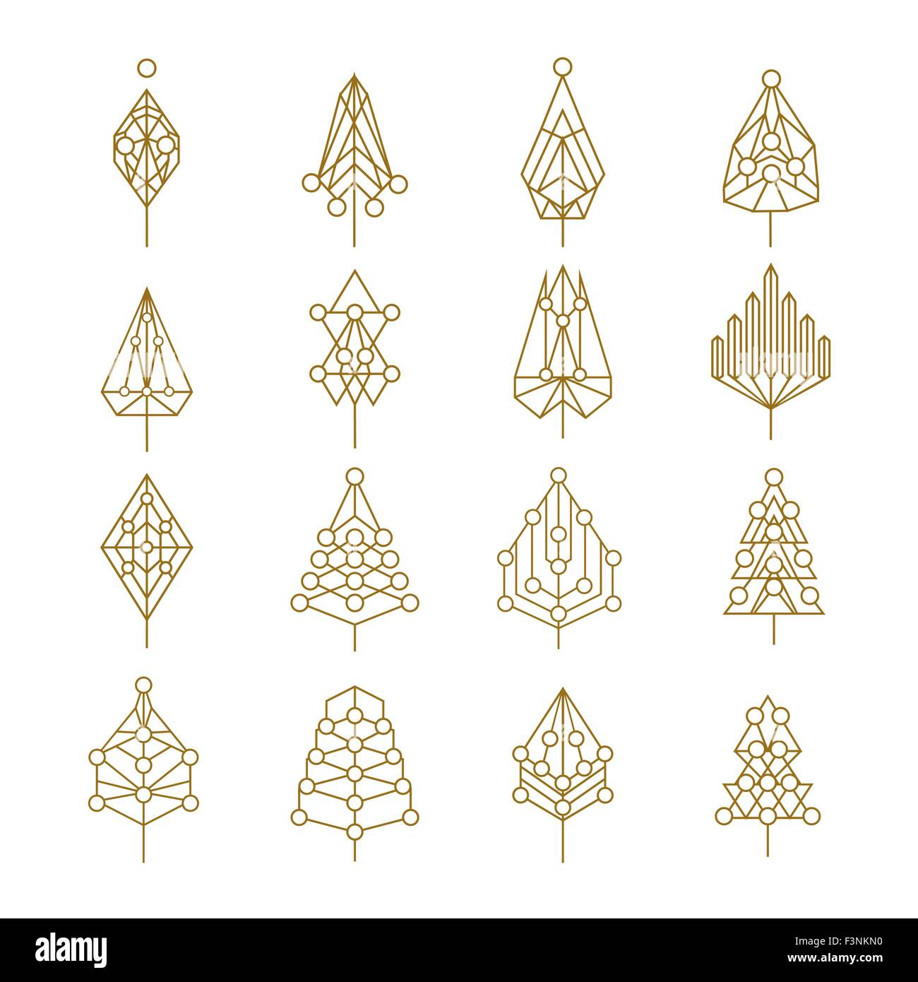 Set di astratta stile contorno natale alberi di pino con geometrica holiday ornamenti. Ideale per creare il vostro xmas design. Illustrazione Vettoriale