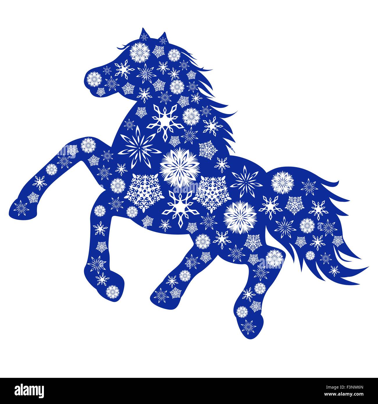 Simbolo 2014 Cavallo blu silhouette è riempito con molti diversi di fiocchi di neve, del disegno a mano illustrazione vettore isolato su bianco b Illustrazione Vettoriale