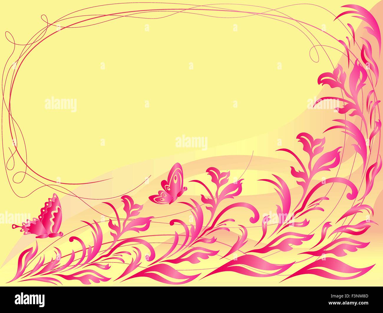 Farfalle volare un bel rametto, mano disegno vettoriale stilizzato biglietto di auguri in arancione e tinte di rosa Illustrazione Vettoriale