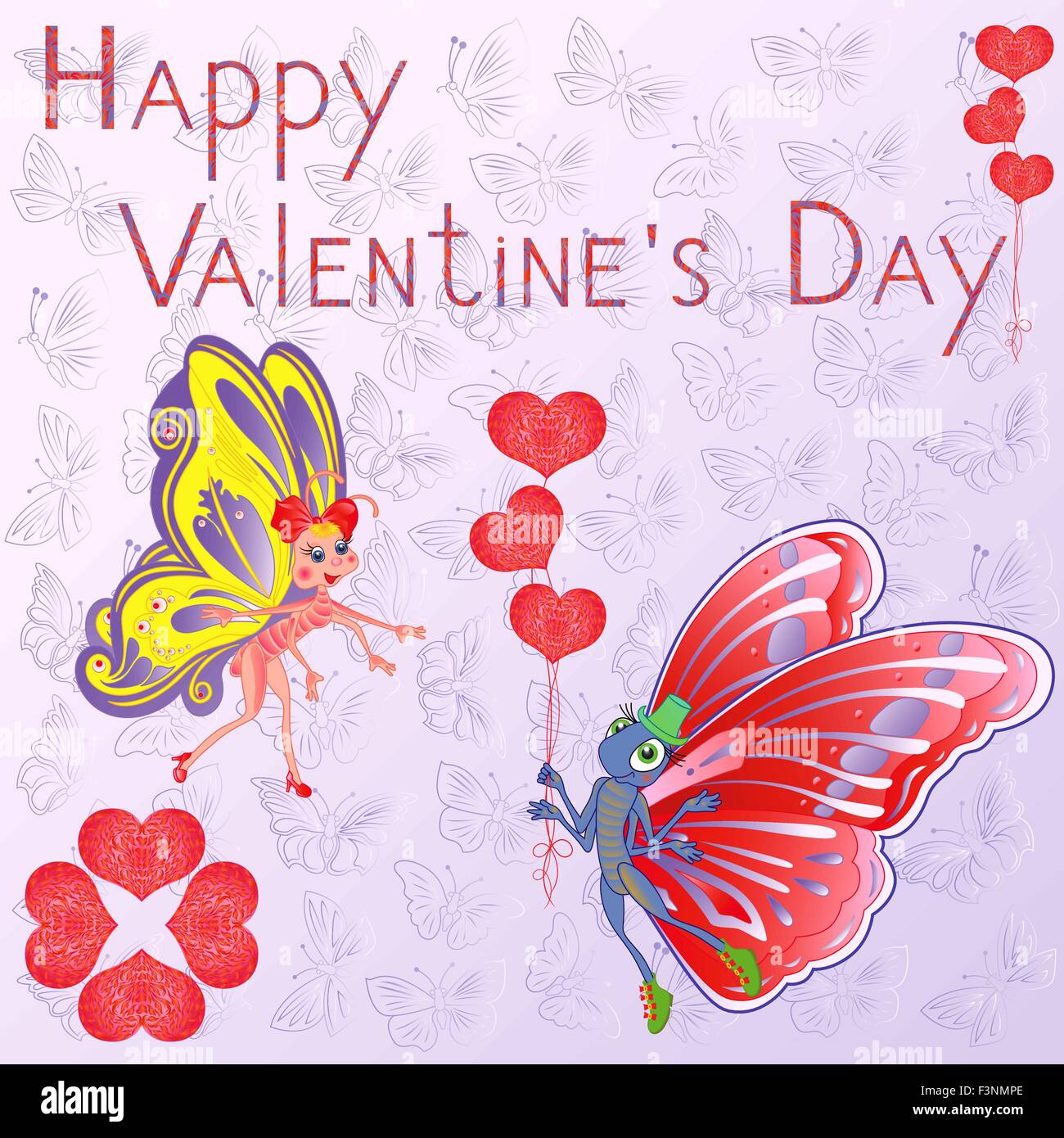 Felice il giorno di San Valentino, farfalle con palloncini come cuori sulle farfalle sfondo, mano disegno stilizzato saluto del vettore Illustrazione Vettoriale