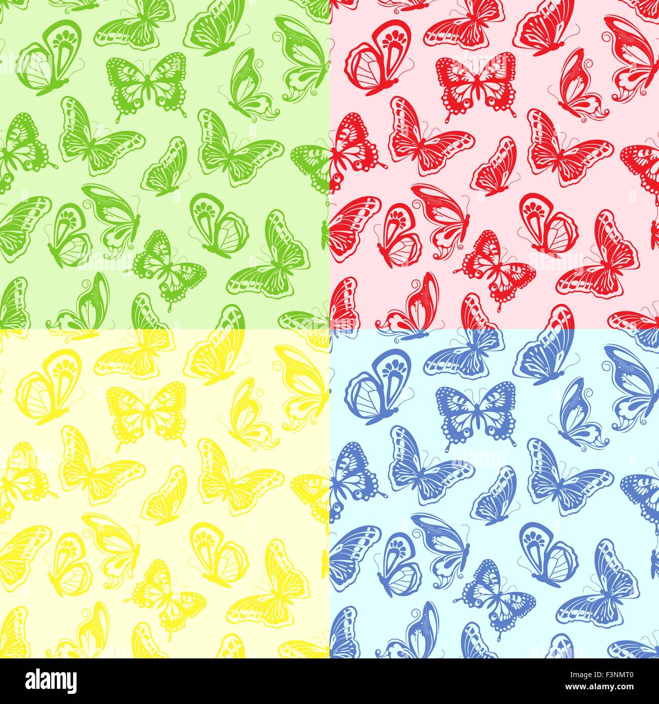 Quattro seamless pattern colorati con farfalle di disegno a mano illustrazione vettoriale Illustrazione Vettoriale