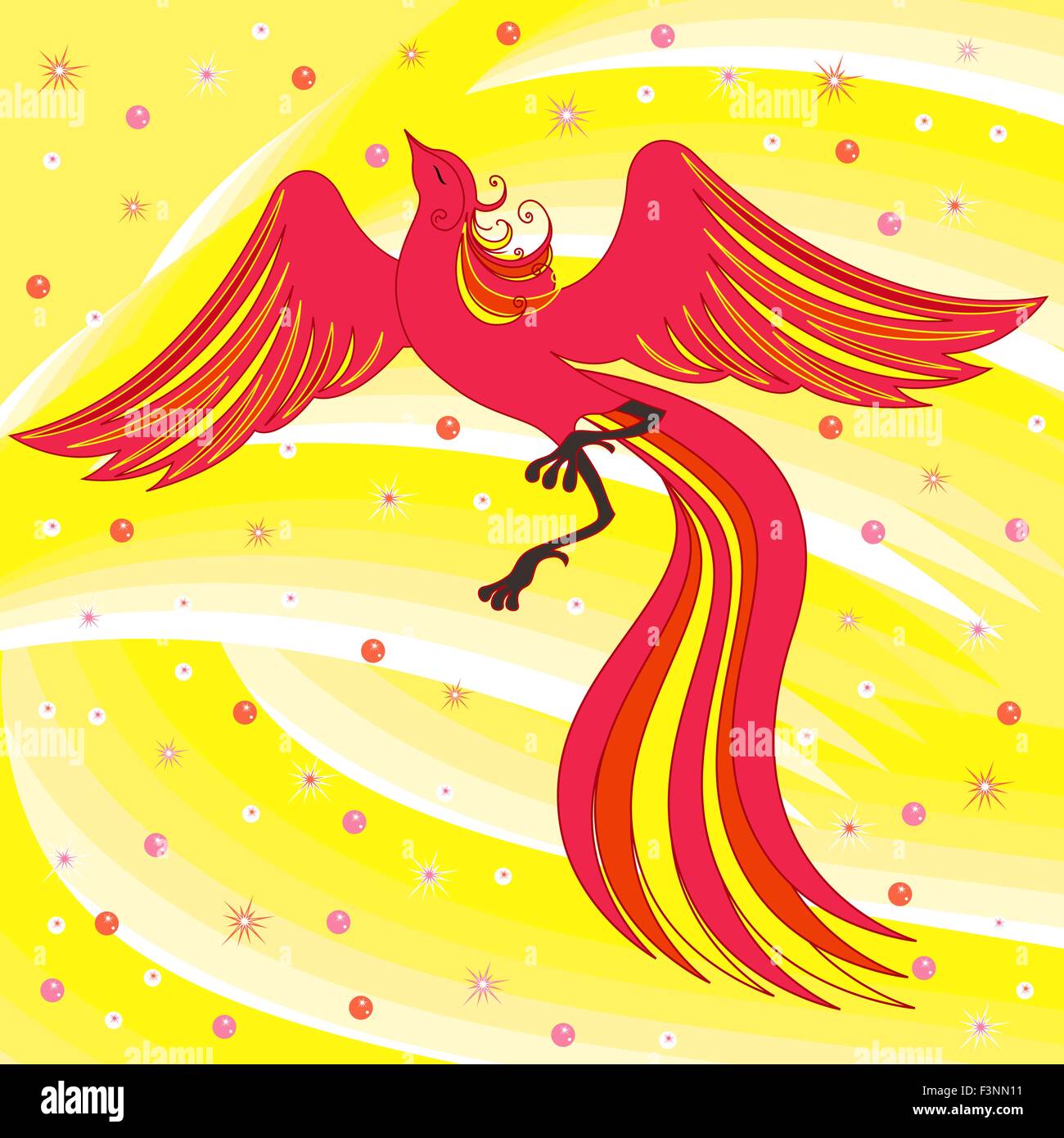 Bella grazioso firebird rosso su sfondo astratto con sfumature gialle. Disegno a mano illustrazione vettoriale Illustrazione Vettoriale
