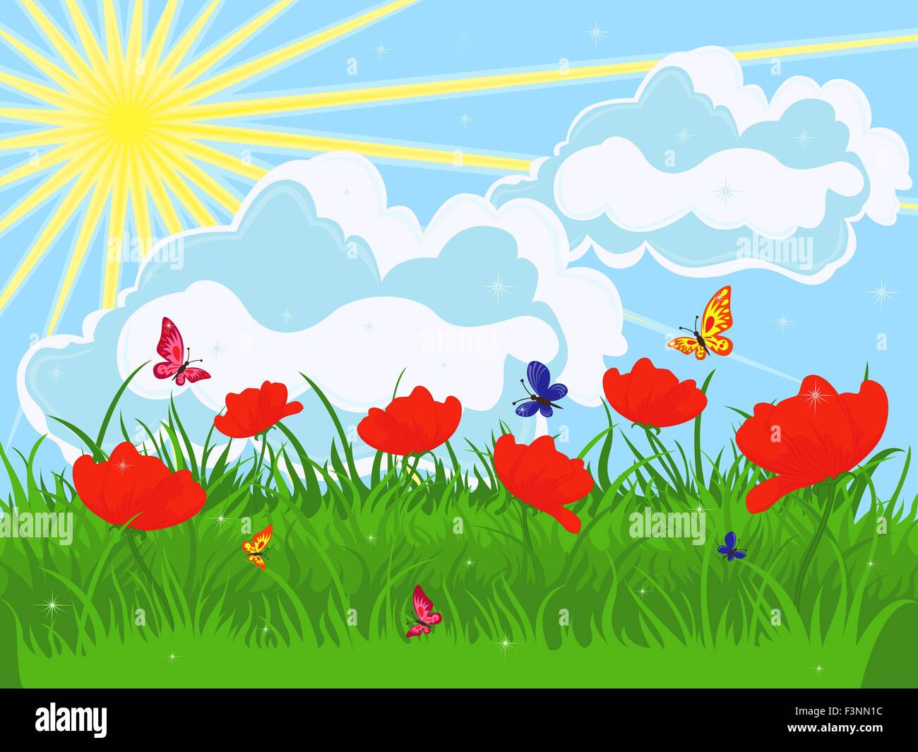 Prato all'inizio dell'estate. Fiore rosso papavero e di erba verde contro il cielo con il sole e le nuvole. Disegno a mano vector illustrat Illustrazione Vettoriale