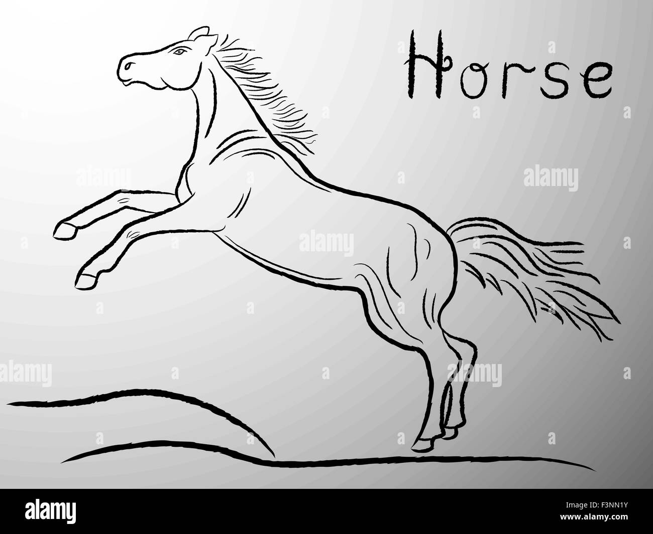 Grazioso nero contorno di cavalli su sfondo grigio. Disegno a mano illustrazione vettoriale Illustrazione Vettoriale