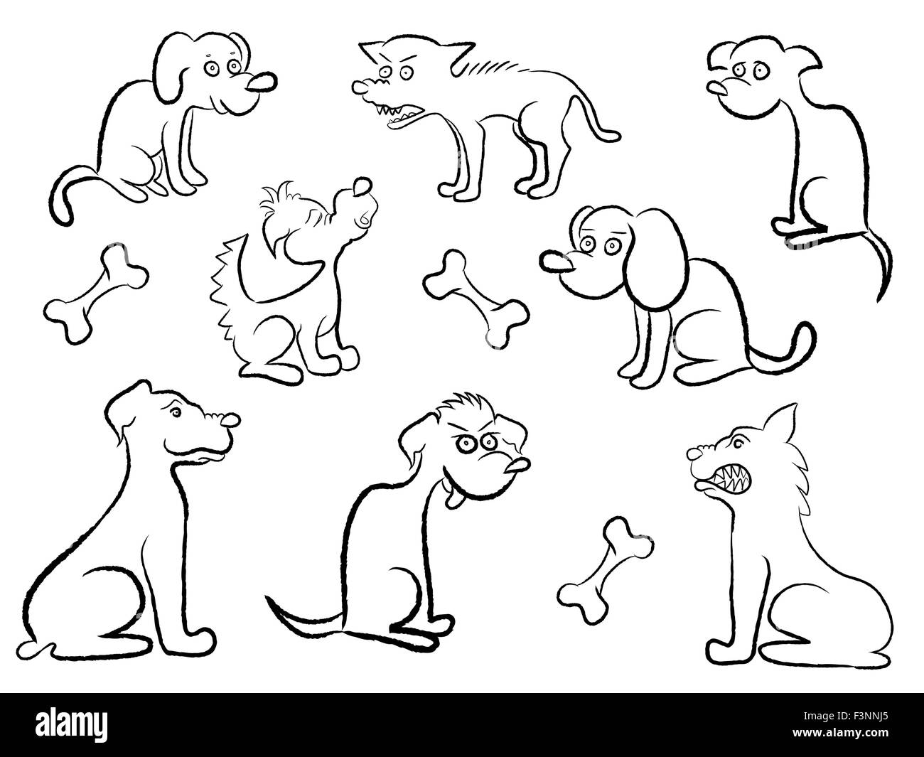 Set di otto contorno nero di vari cartoon cani, disegno a mano illustrazione vettoriale Illustrazione Vettoriale