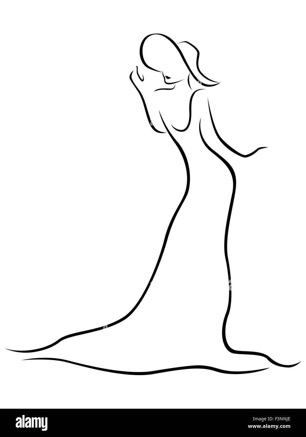 Femmina contorno nero con un cappello e un lungo abito, disegno a mano oggetti grafici vettoriali Illustrazione Vettoriale