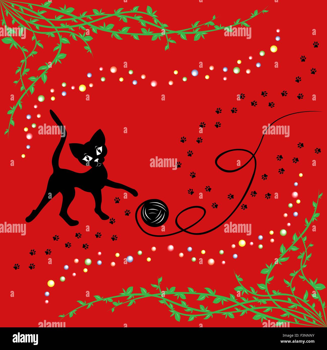 Gatto nero gioca con la palla di filo in rosso, del disegno a mano illustrazione vettoriale Illustrazione Vettoriale
