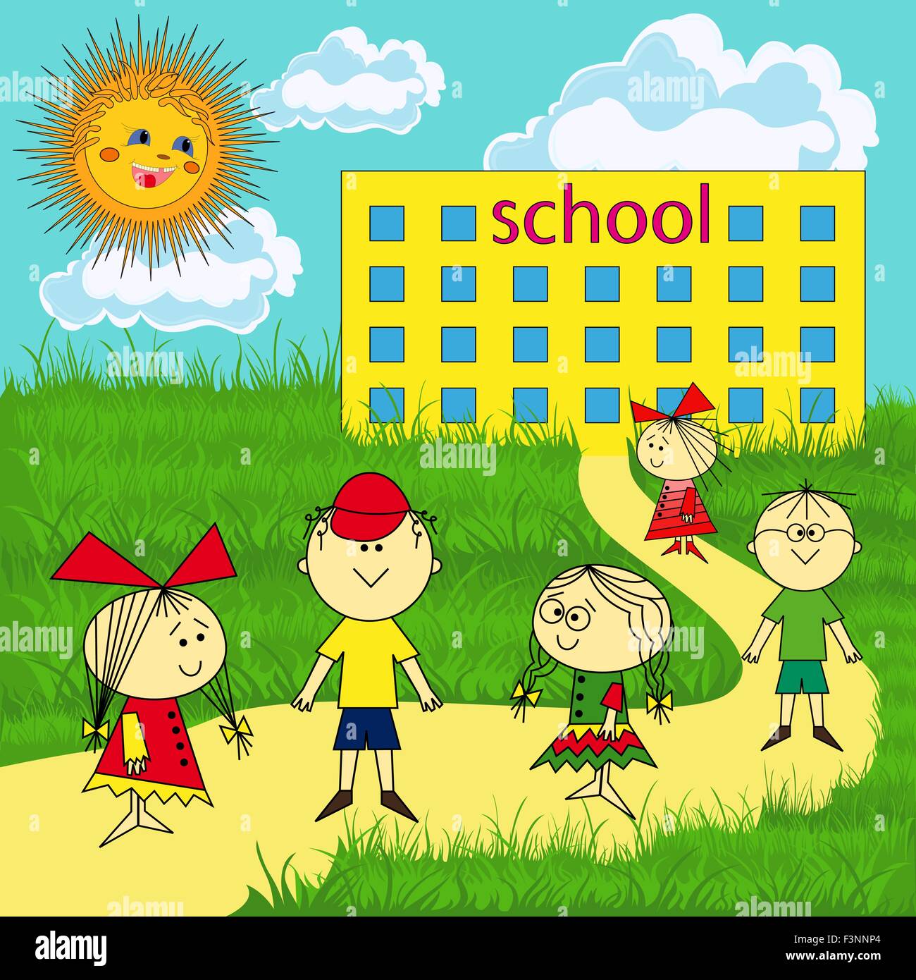 Piccolo gruppo di bambini nei pressi della scuola in una giornata di sole, mano disegno vettoriale di illustrazione Illustrazione Vettoriale
