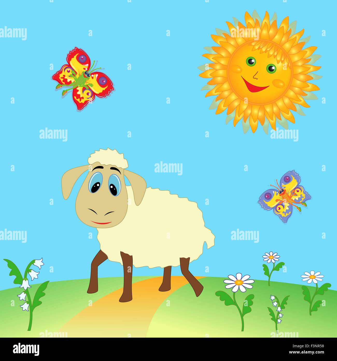 Pecore al pascolo su terreni adibiti a pascolo e colorato cartoon fairy farfalle volare vicino a Sun su prato. Disegno a mano illustrazione vettoriale Illustrazione Vettoriale