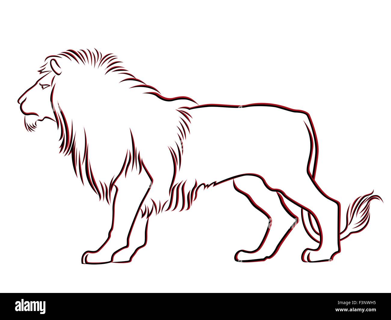 Nero e rosso grazioso contorno Lion isolato su bianco. Disegno a mano illustrazione vettoriale Illustrazione Vettoriale