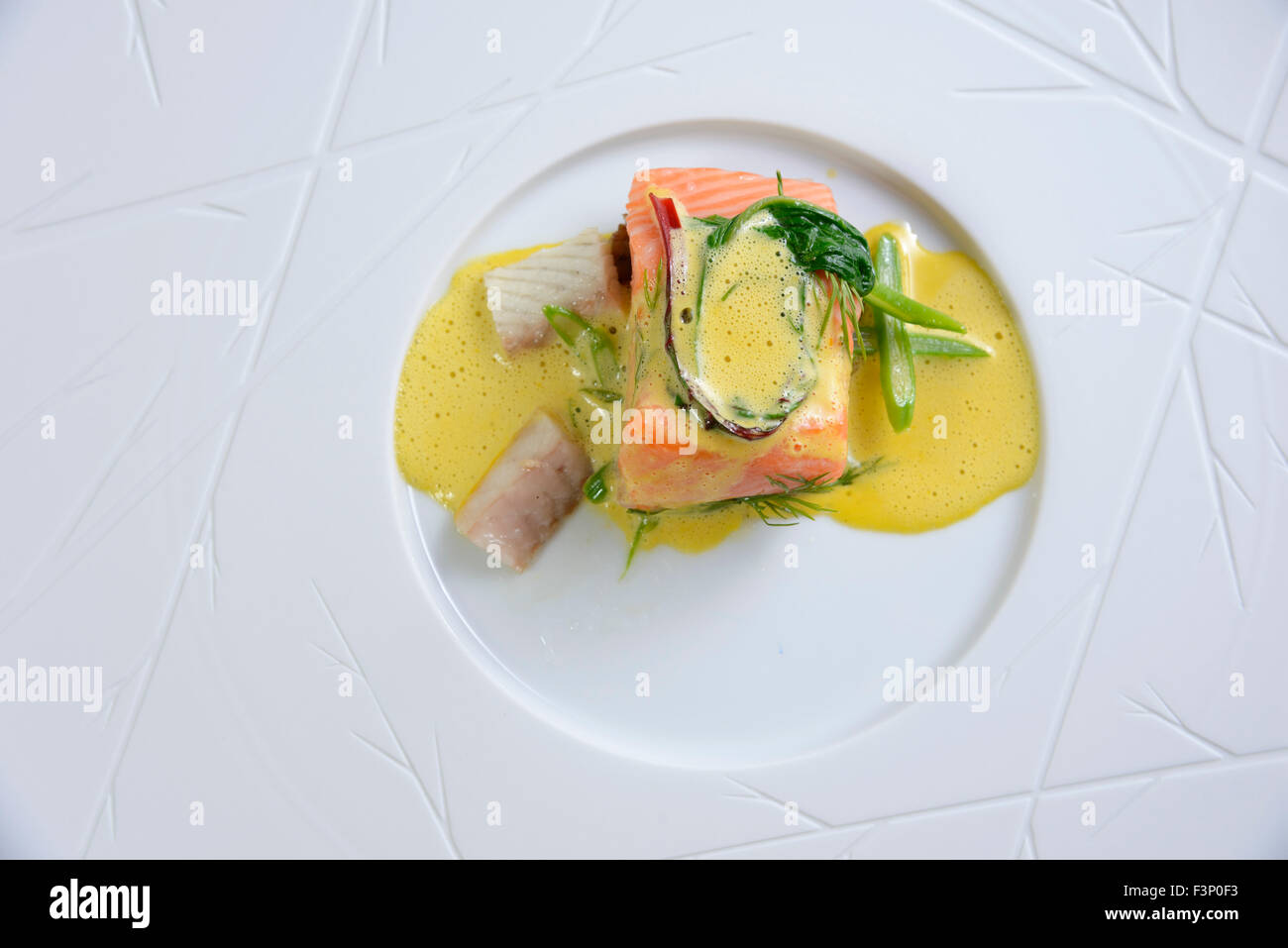 La Nouvelle Cuisine gourmet di salmone piatto di pesce Foto Stock