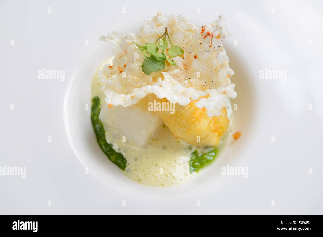 La Nouvelle Cuisine gourmet cod piatto di pesce Foto Stock