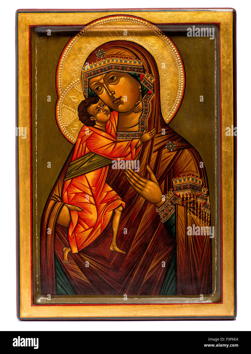 In legno pitturato religioso cristiano icona della Vergine Maria e Gesù Foto Stock