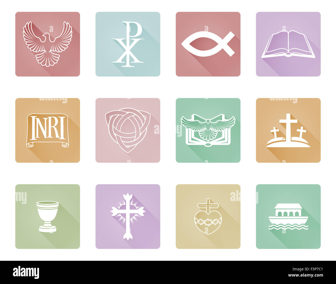 Un set di icone cristiane e i simboli , compresi croce e pesce cristiana Foto Stock