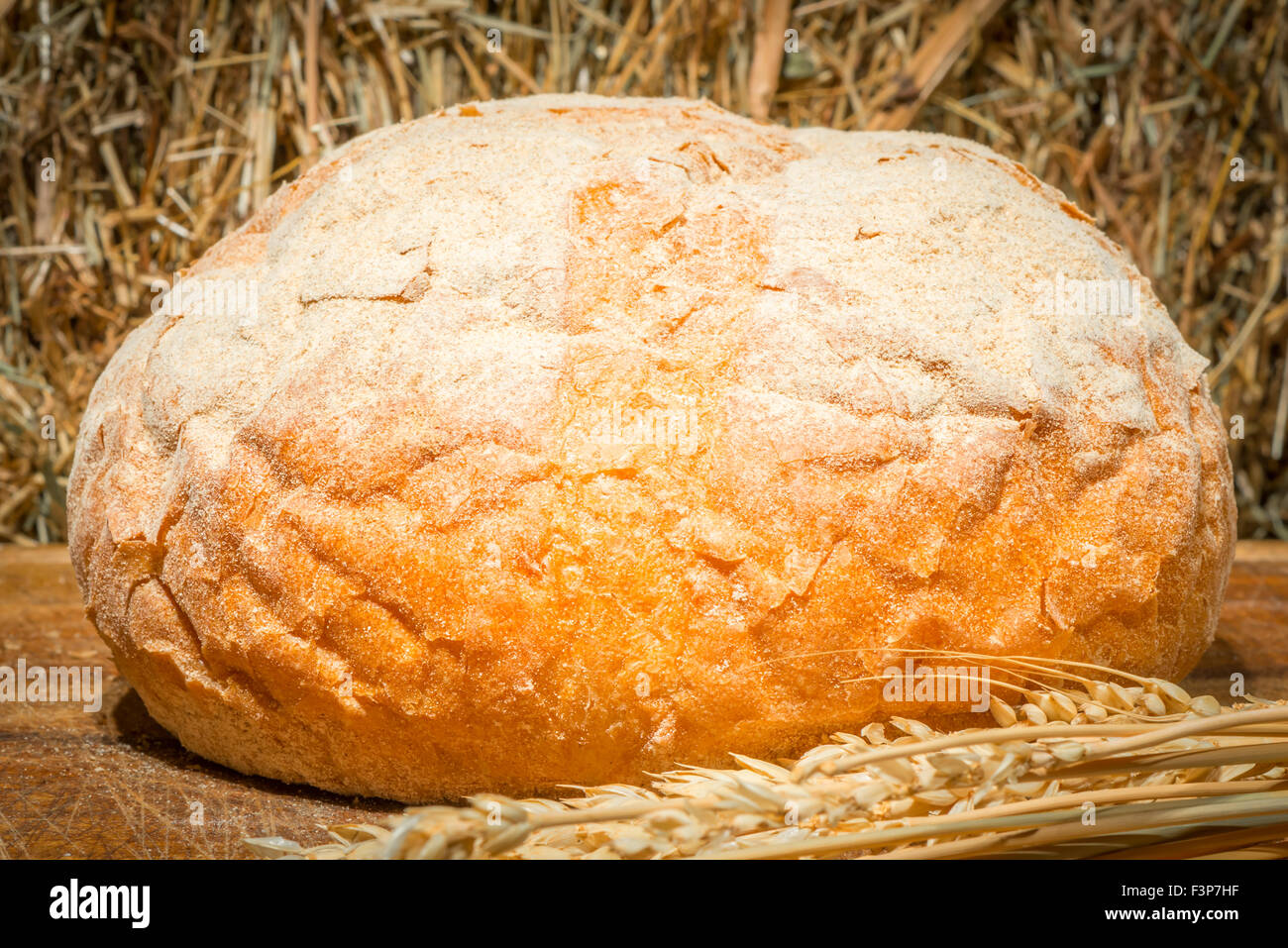 Nuovo filone di pane di grano artigianale di uno sfondo di fieno Foto Stock
