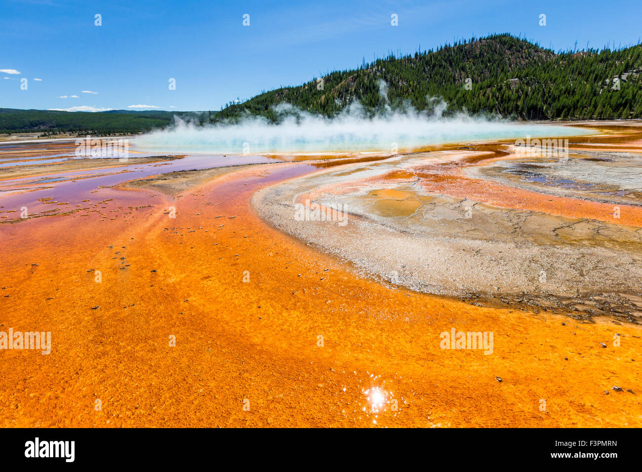 Grand Prismatic Spring; Midway Geyser Basin, il Parco Nazionale di Yellowstone, Wyoming USA Foto Stock