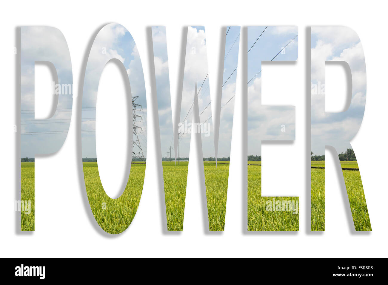 Energia elettrica ad alta tensione post di potenza nel campo di risone Foto Stock