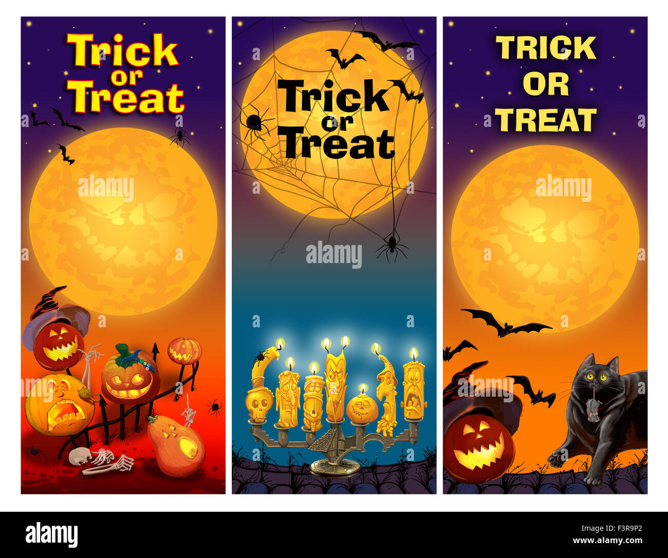 Tre Card Invito alla festa di Halloween. Dolcetto o scherzetto. Immagine raster. Il flyer verticale Foto Stock