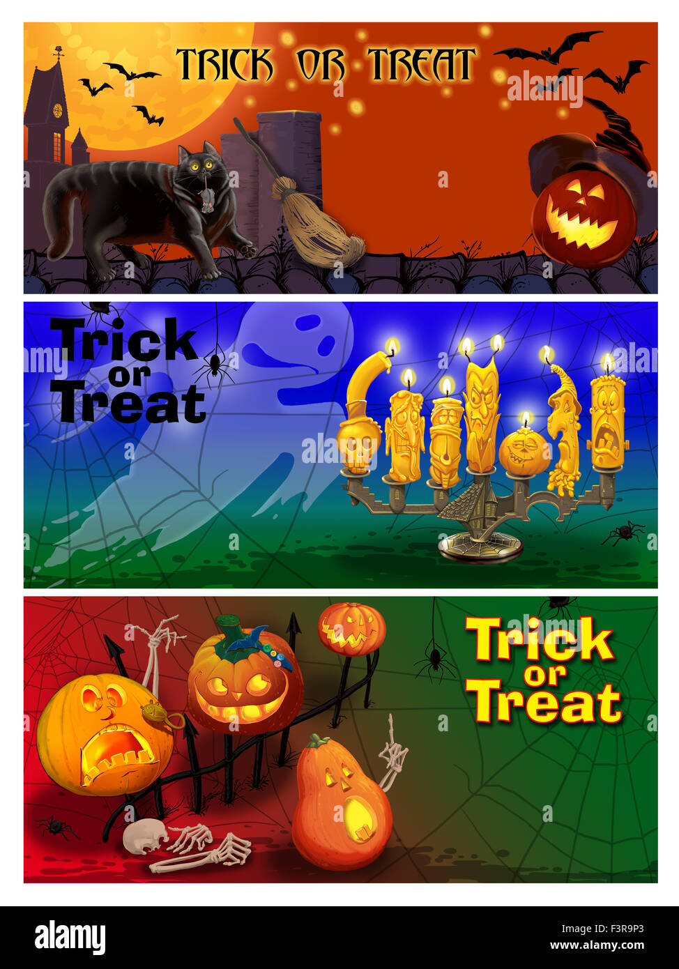 Tre Card Invito alla festa di Halloween. Dolcetto o scherzetto. Immagine raster. Broadsheet orizzontale Foto Stock