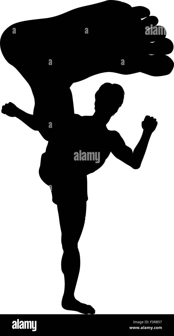 EPS8 vettore modificabile silhouette di un uomo che fa un karate kick con un ampio angolo di prospettiva Illustrazione Vettoriale