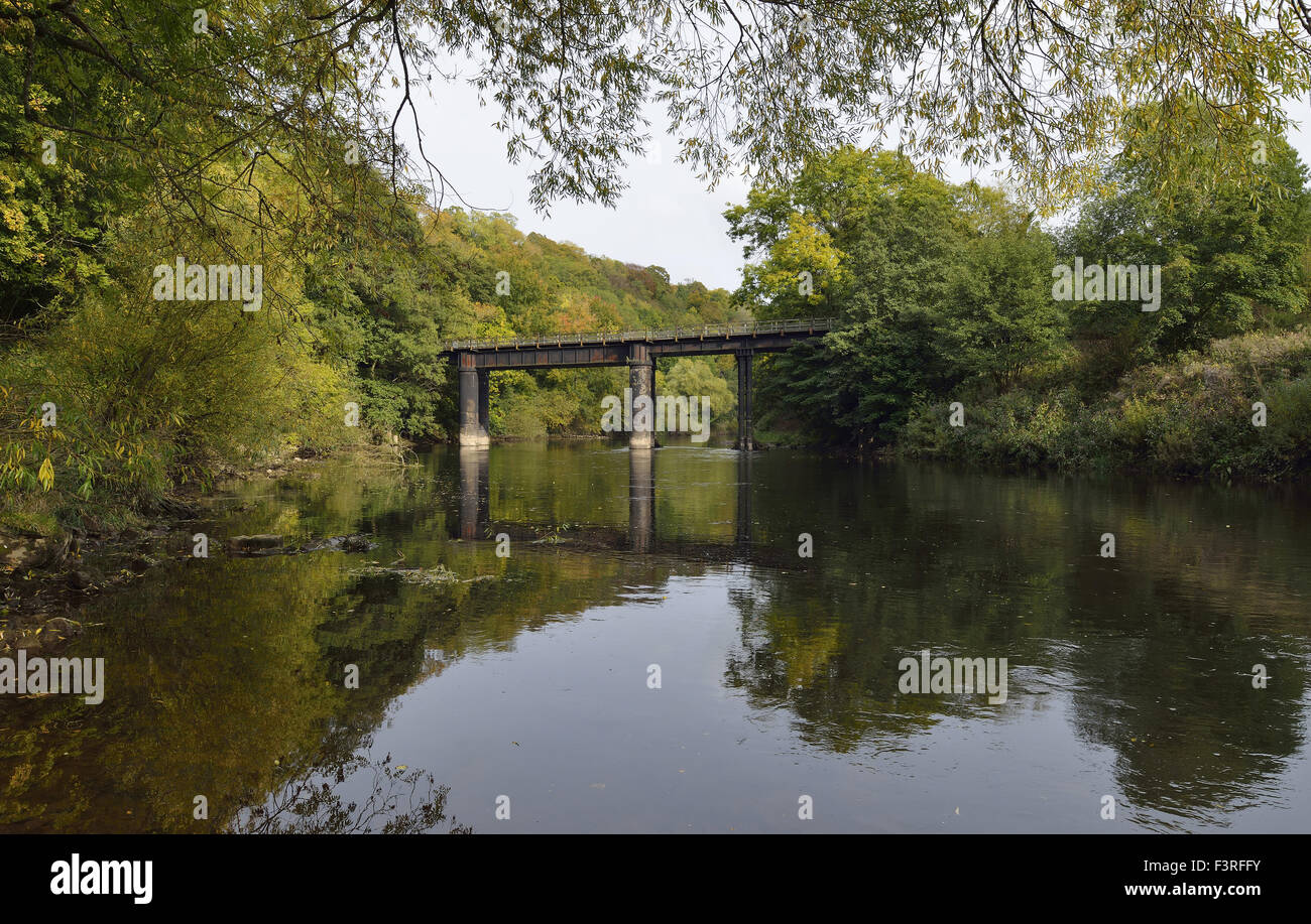 In disuso il ponte ferroviario che collega Lydbrook inferiore alla Welsh Bicknor oltre il fiume Wye Foto Stock