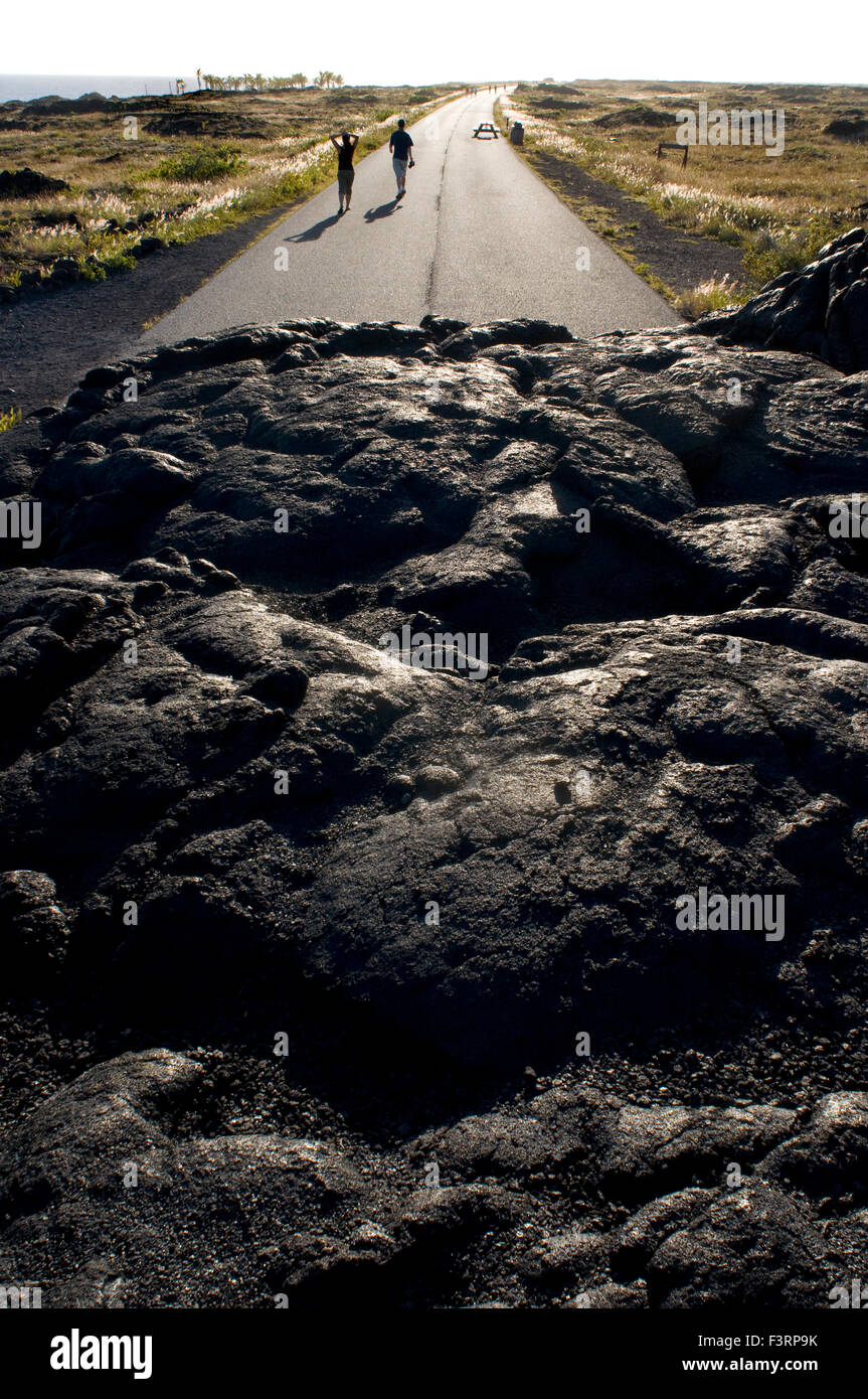 Fine della strada, Catena di crateri Road, Hawai'i vulcani del Parco Nazionale, Big Island, Hawaii, Stati Uniti d'America. Lava nera alla fine del C Foto Stock