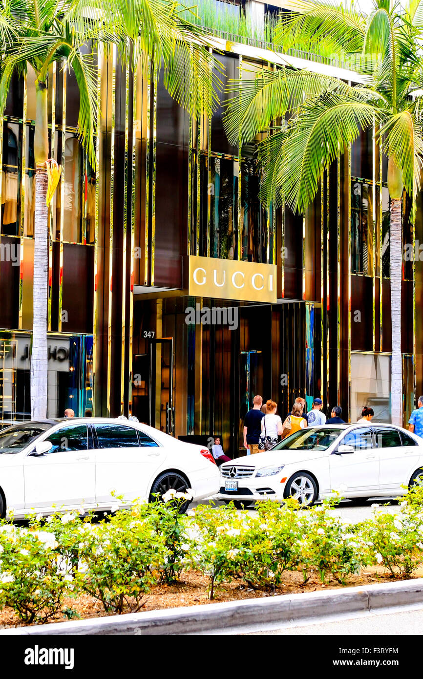 Negozio di Gucci overhead sul segno di Rodeo Drive a Beverly Hills California Foto Stock
