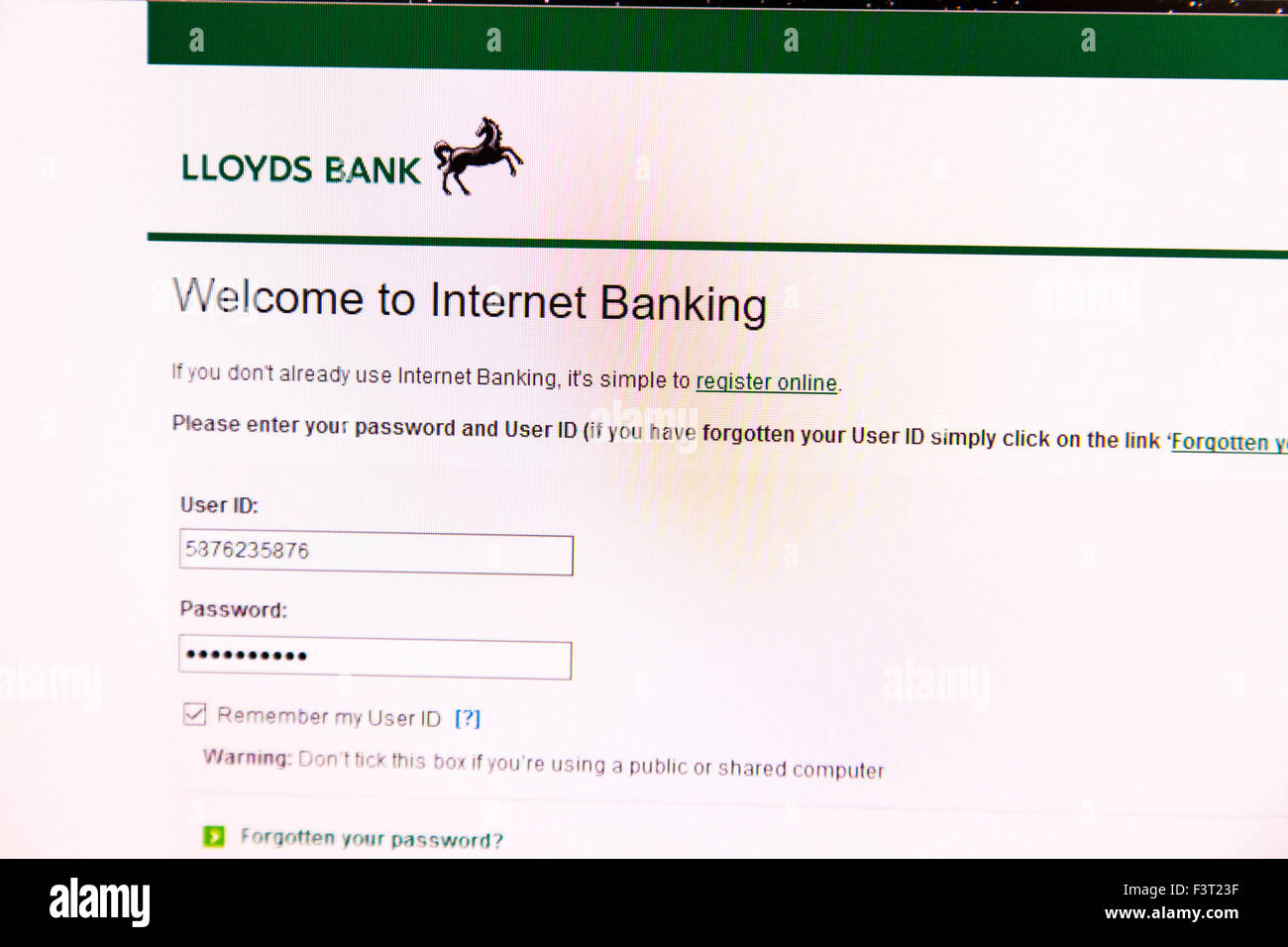 Banca online banking Lloyds security secure user id sito web login homepage online screenshot dello schermo di web site internet net Foto Stock