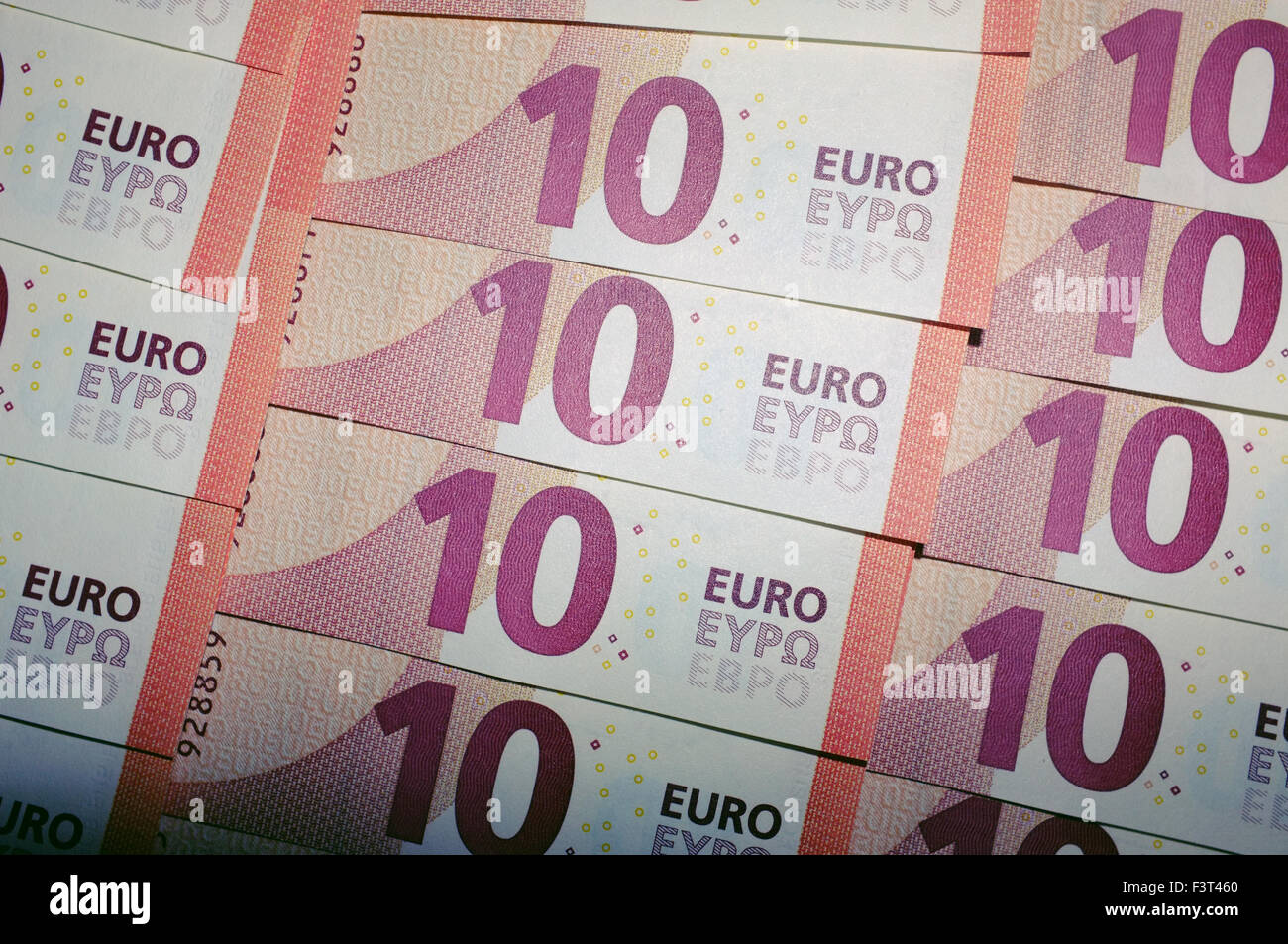 Le linee pulite e le righe di dieci euro note. Foto Stock