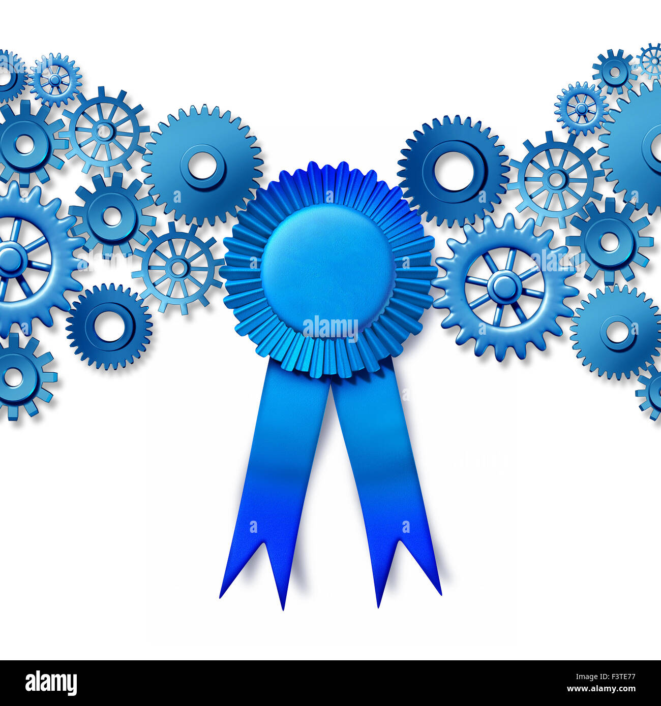 Business award nozione come un nastro blu ricompensa ruotando gli ingranaggi collegati e cog ruote come un settore di onore per la lavorazione di leadership e la migliore efficienza della tecnologia. Foto Stock