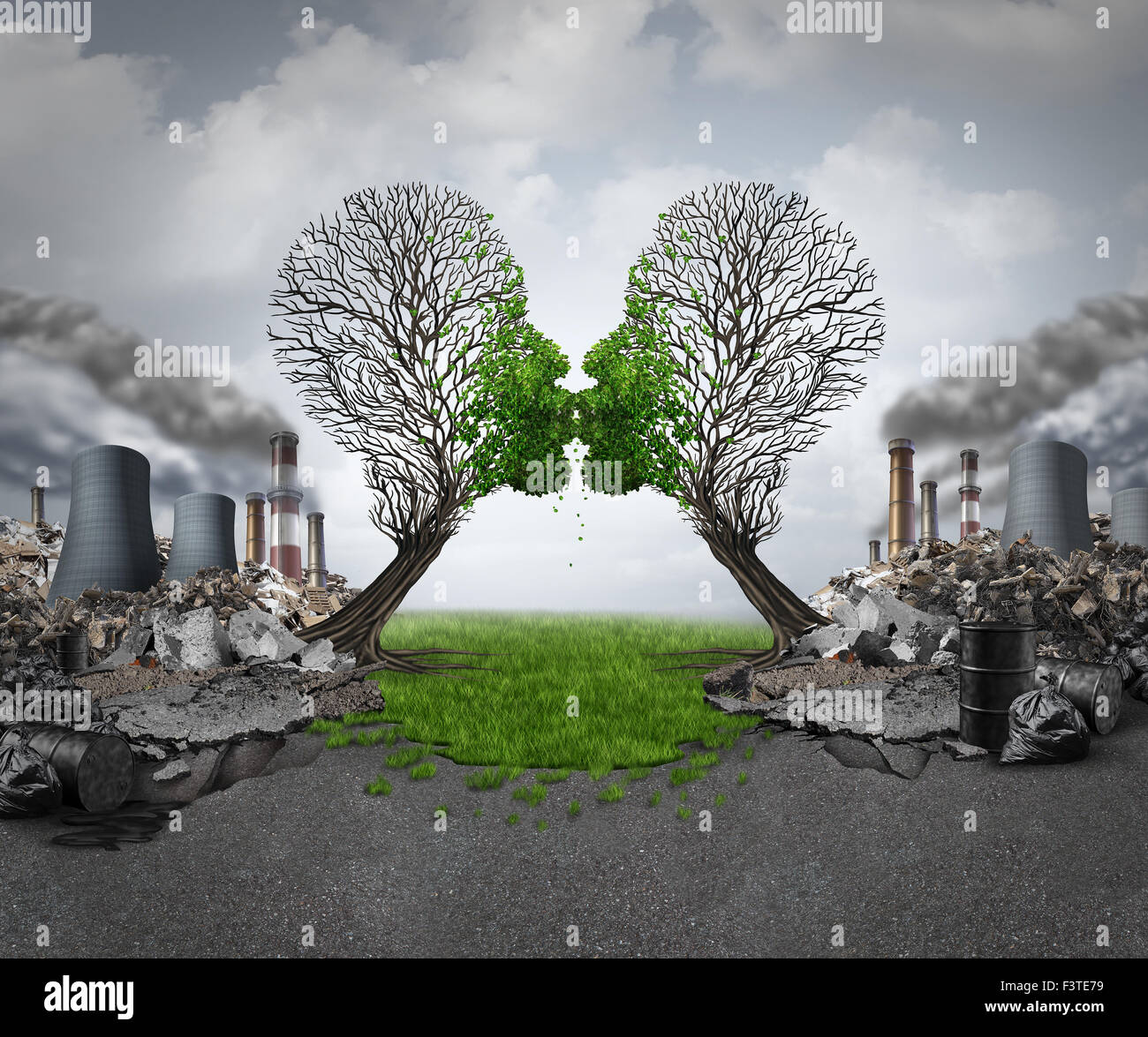Il clima di recupero ambientale e di rinnovamento come due alberi vuoti a forma di teste umane baciare e il rilancio della nuova crescita verde fuori Foto Stock