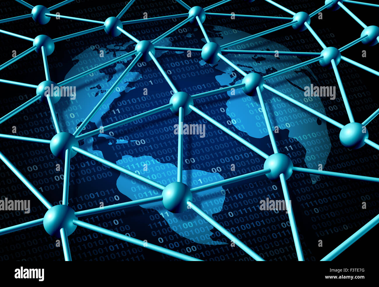 I dati globali di rete come un internet concetto aziendale con una tecnologia in tutto il mondo il simbolo sul codice binario come un icona per il collegamento di rete del software. Foto Stock