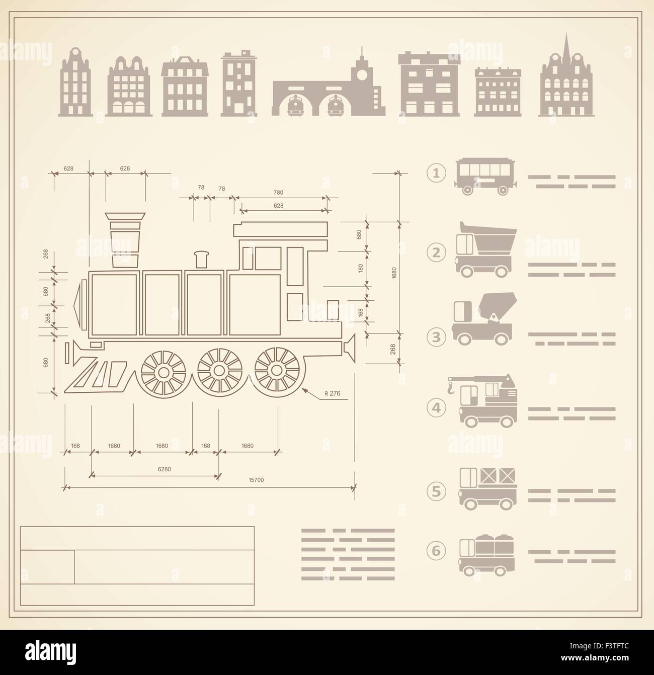 I disegni tecnici per gli ingegneri di locomotive Illustrazione Vettoriale