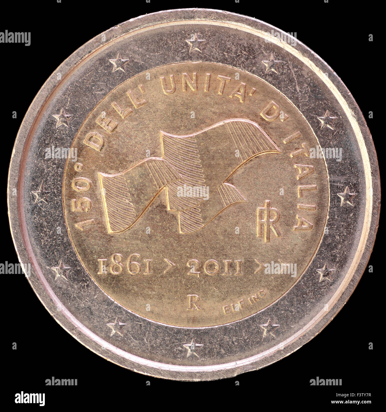Un fatto circolare commemorativa due monete in euro emesse dall'Italia nel 2011 e mostra tre bandierine to celebrare l'unificazione italiana Foto Stock