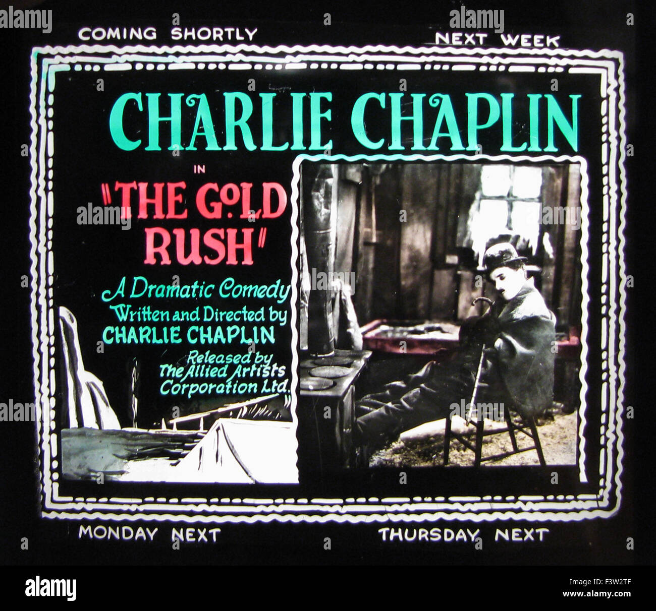 Charlie Chaplin cinema slide - una mano oscurata lanterna magica diapo da proiezione da 1925 Foto Stock