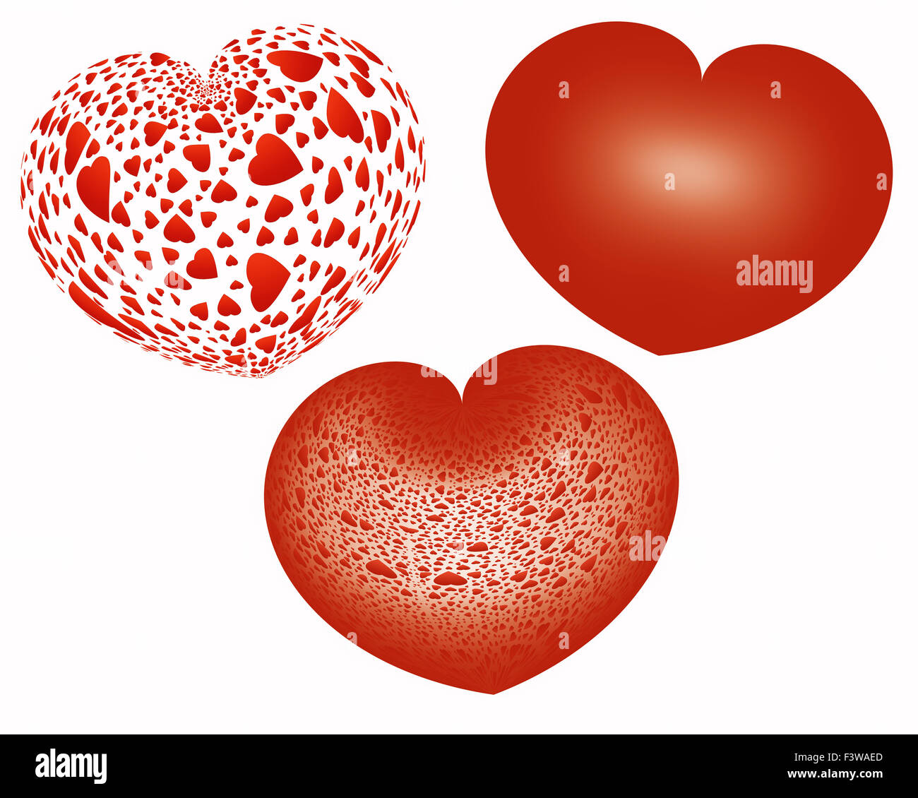 Tre cuori rossi su sfondo bianco Foto Stock