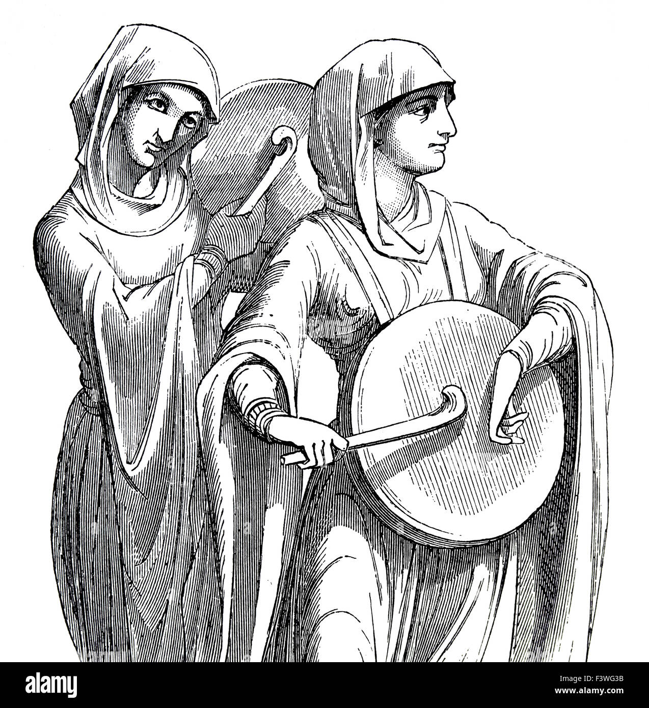 Musica Medievale. donne telaio di suonare il tamburo. Incisione. Xix secolo. Foto Stock