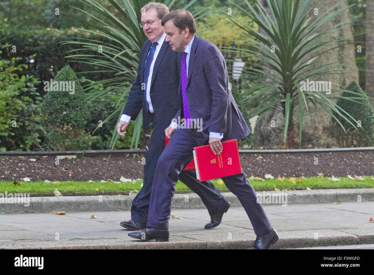 Westminster London,UK. 13 ottobre 2015. David Mundell MP, Segretario per la Scozia (sinistra) Portfolio arriva con Gregs mani (a destra) Primo segretario al Tesoro a Downing settimanale per la riunione di gabinetto Credito: amer ghazzal/Alamy Live News Foto Stock