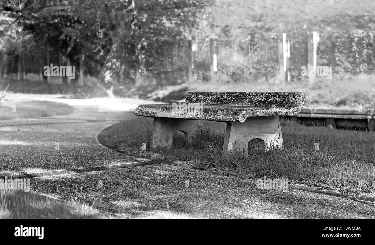 Bianco e nero, vecchio banco di pietra nel tranquillo parco al mattino Foto Stock