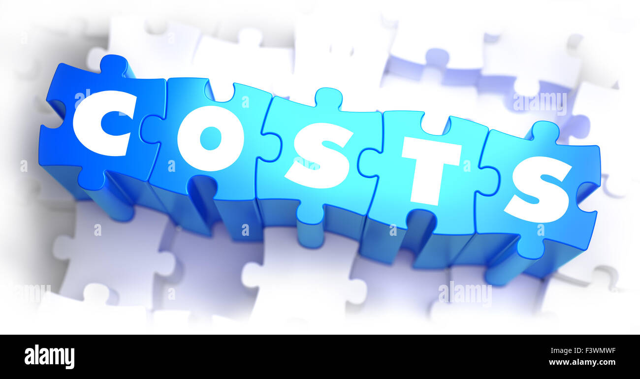 Costi - parola su puzzle blu su sfondo bianco. 3D Render. Foto Stock