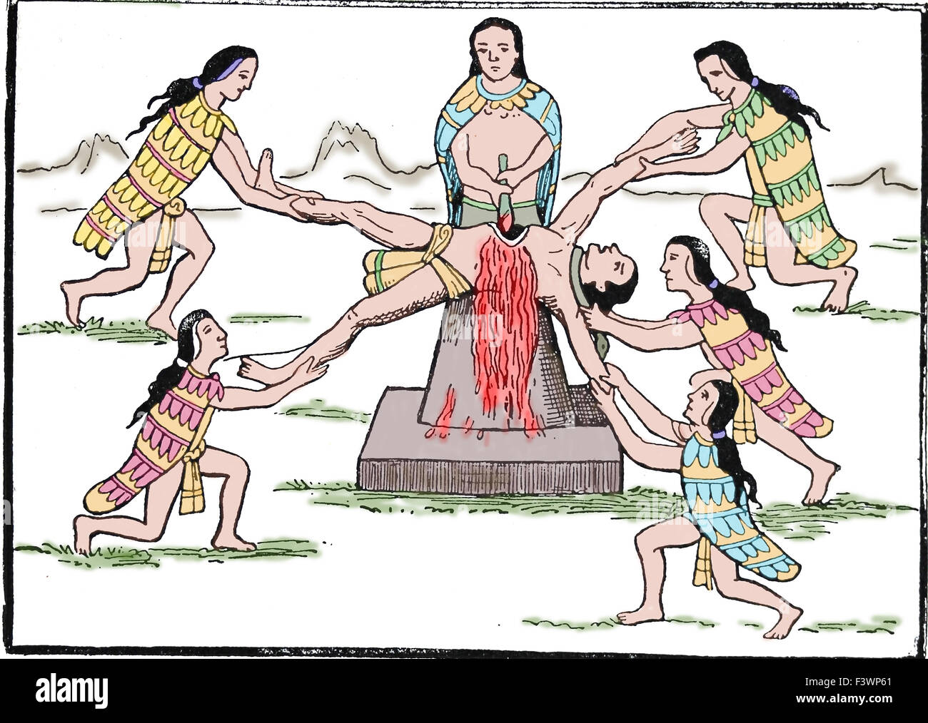 Aztec sacrificio umano. Historia de Los Indios da Diego Duran, 1579. Incisione del XIX secolo. Foto Stock