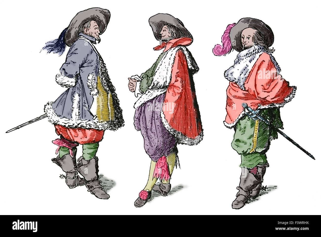 L'Europa. Il XVII secolo. Il francese nobili in abiti alla moda. Incisione del XIX secolo. Colorazione successiva. Foto Stock