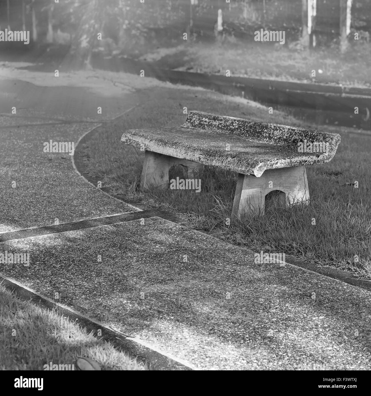 Bianco e nero, vecchio banco di pietra nel tranquillo parco al mattino Foto Stock