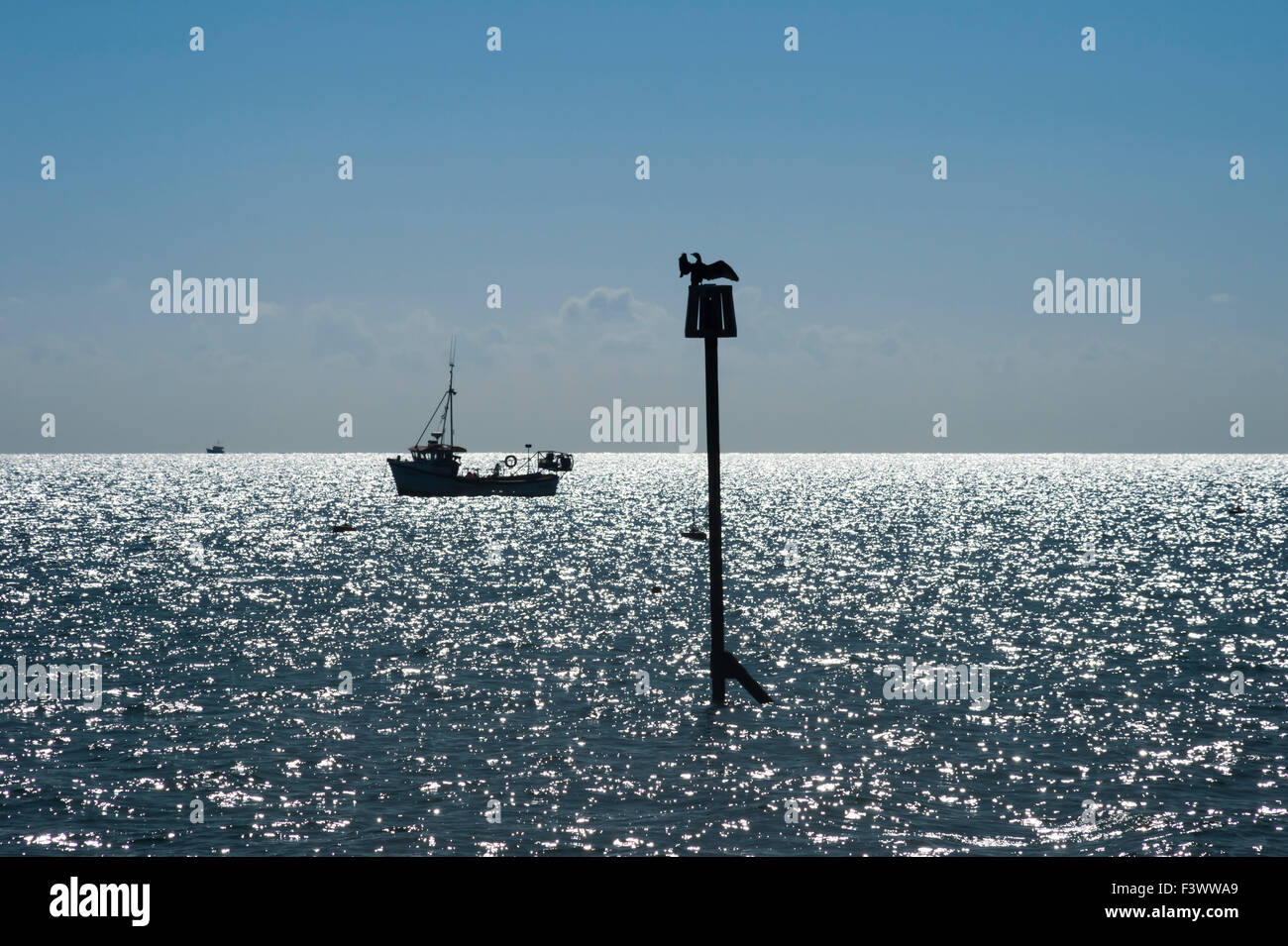 Barca da pesca ormeggiate a Selsey Bill e un cormorano l'asciugatura è ali su un post di navigazione. Foto Stock